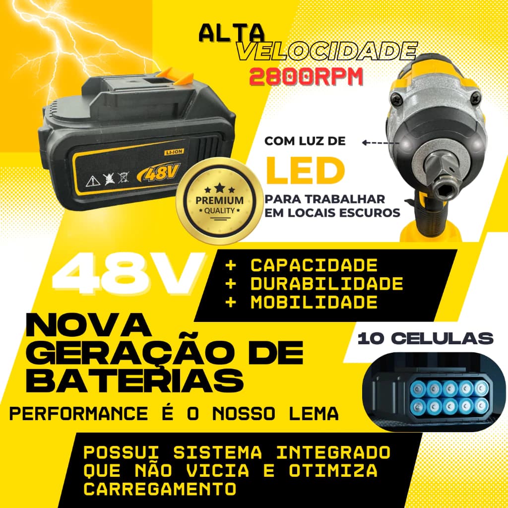 Parafusadeira Furadeira e Chave De Impacto 48v 02 Baterias Sem Fio Soquetes com Maleta Profissional