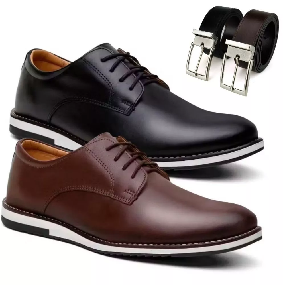 Kit 2 Pares de Sapato Social Masculino Oxford Derby Elegante de Couro Premium Confort Estiloso + Cinto Dupla Face